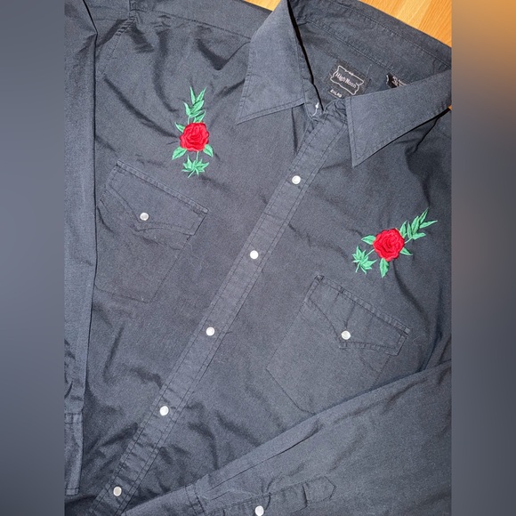 High Noon Other - Elegant Black Shirt with Red Rose Embroidery